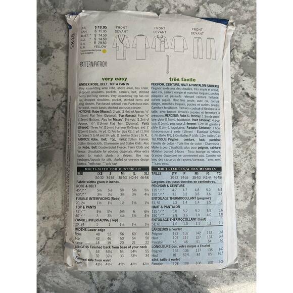 Butterick Pattern 5848 Sizes XS - M Easy Unisex Robe Belt Top Pants Uncut 1998 - Picture 2 of 3
